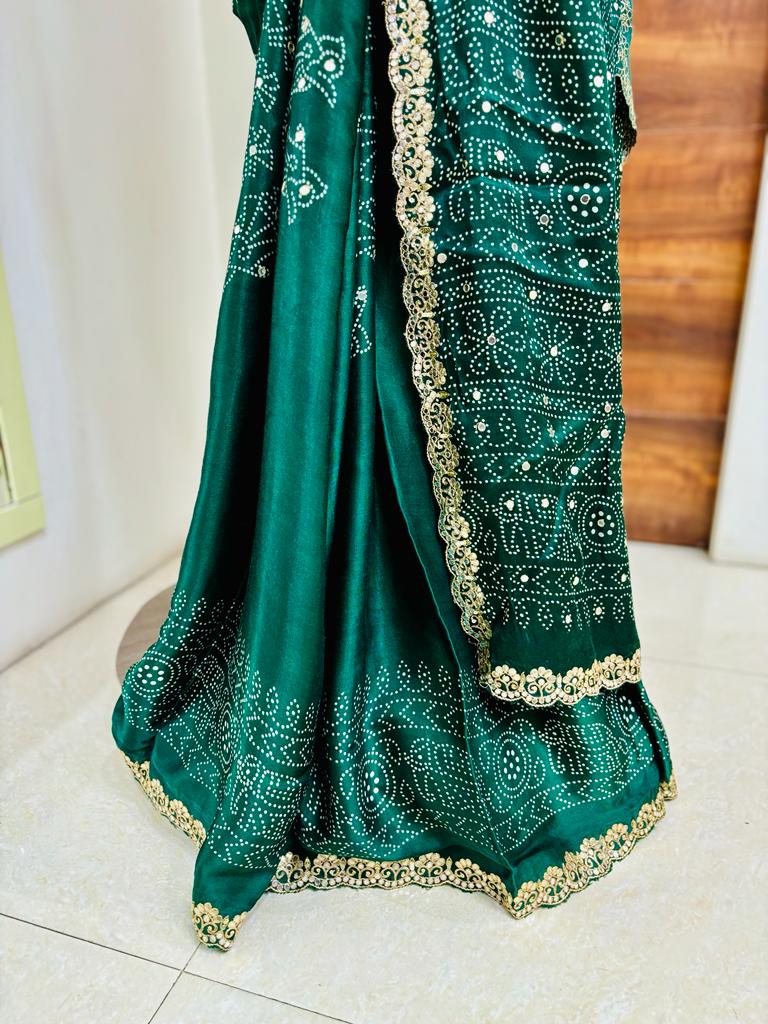 Dark Green Bandhani Print Silk Designer Saree