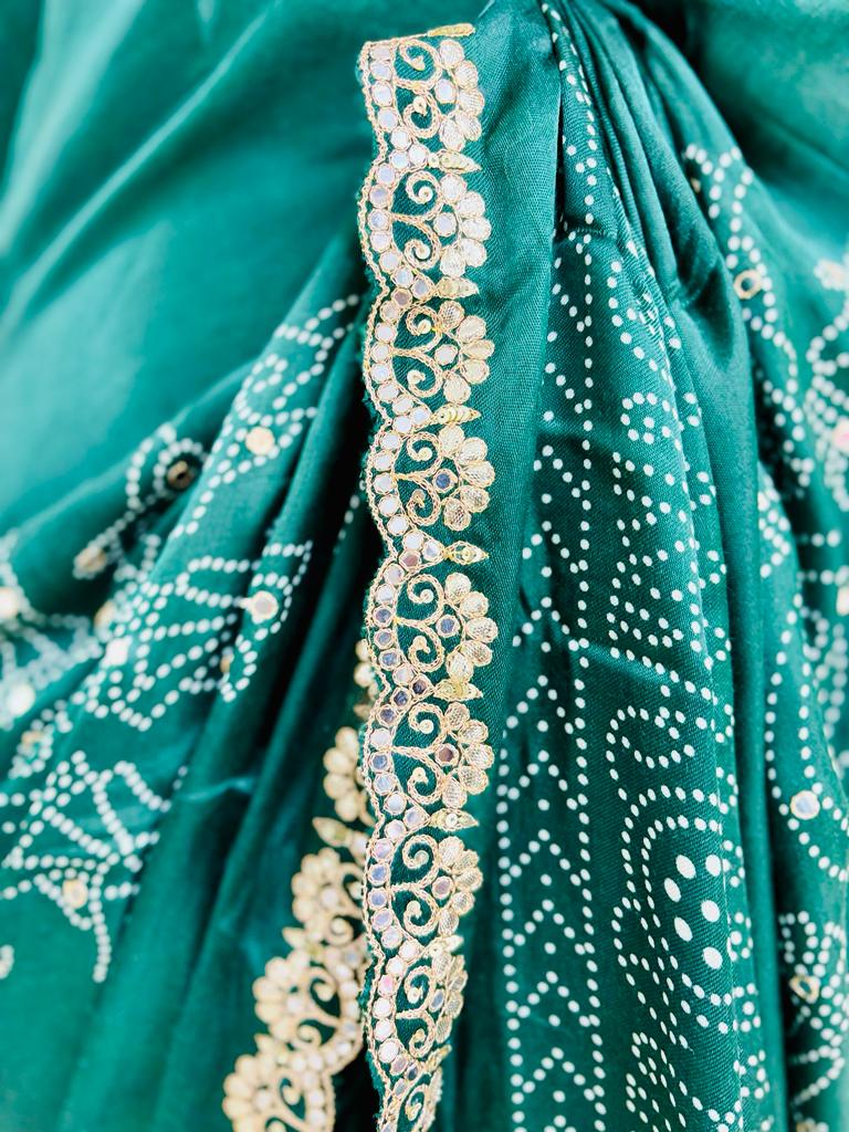 Dark Green Bandhani Print Silk Designer Saree