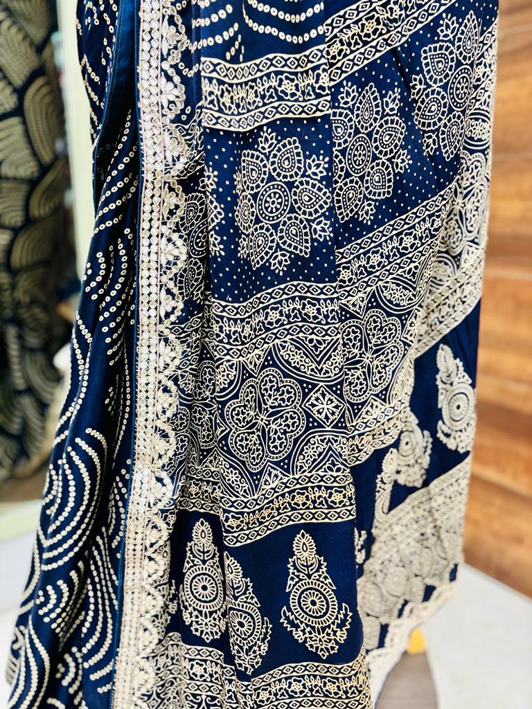 Navy Blue Bandhani Print Silk Designer Saree