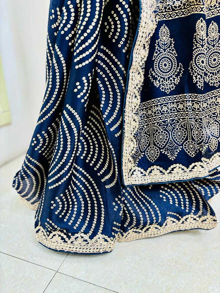 Navy Blue Bandhani Print Silk Designer Saree