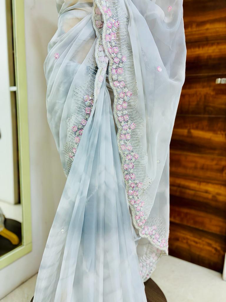 Shaded Grey Tissue Organza Saree