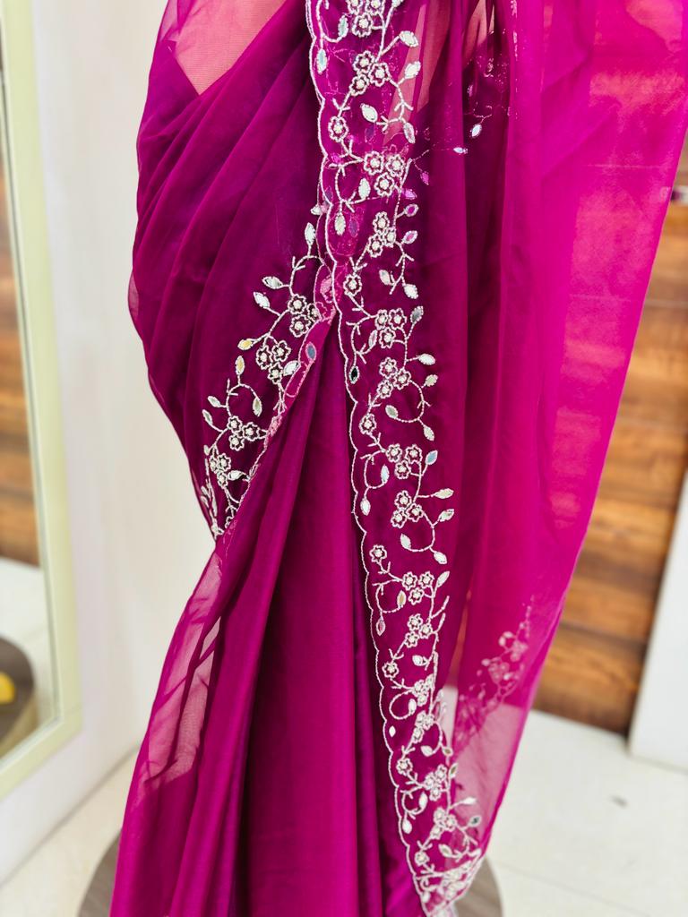 Wine Organza Designer Saree