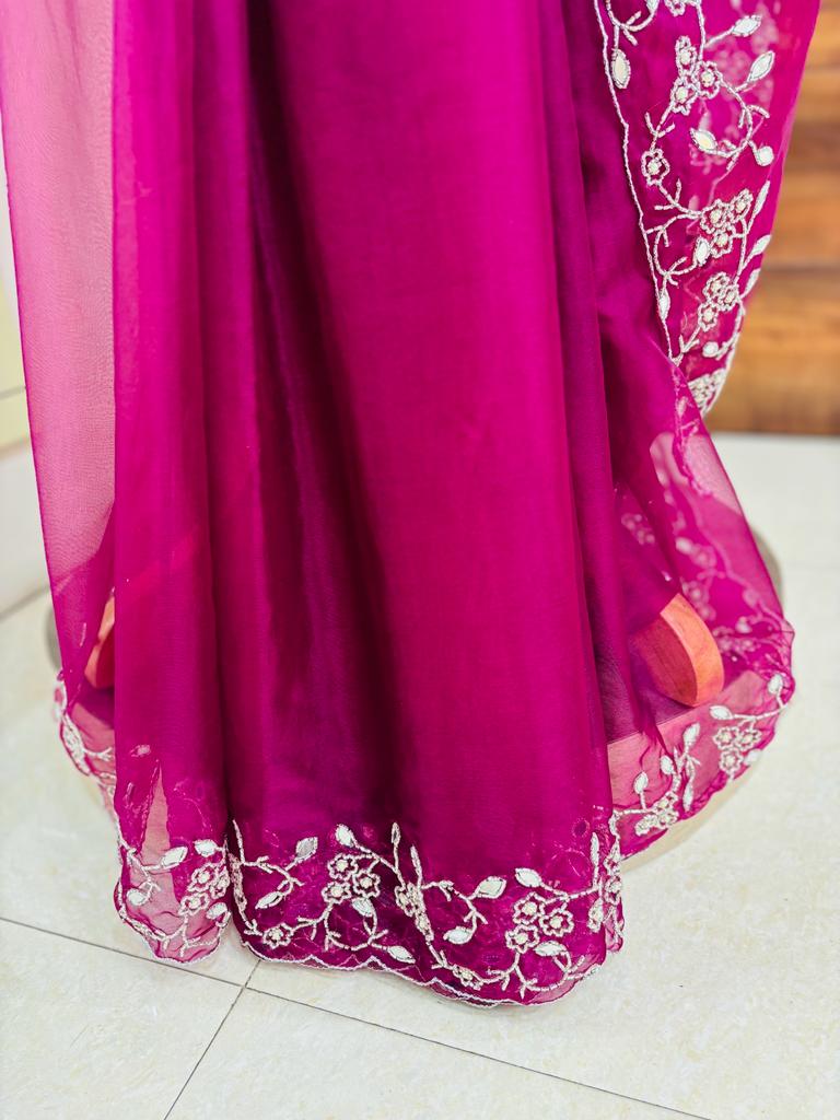 Wine Organza Designer Saree