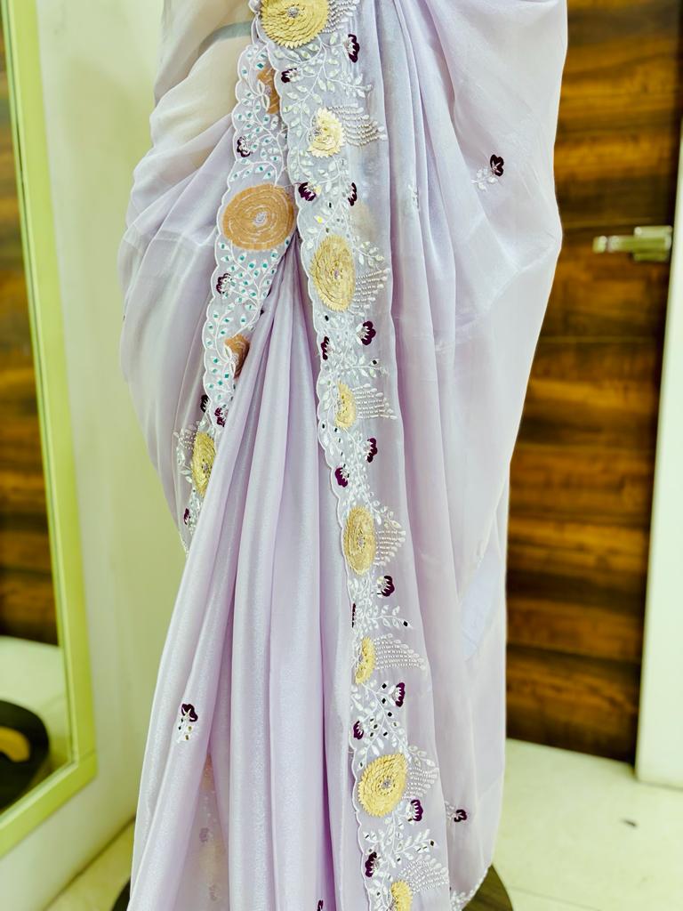 Lilac Satin Silk Hand Work Saree