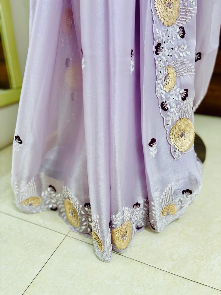 Lilac Satin Silk Hand Work Saree