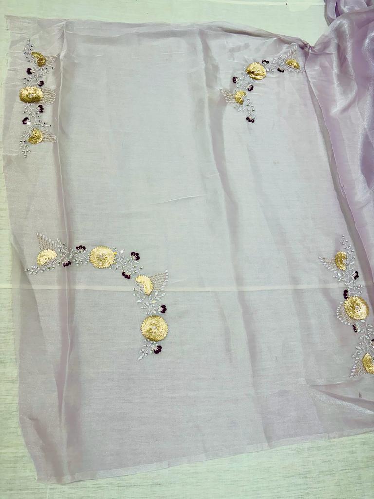 Lilac Satin Silk Hand Work Saree