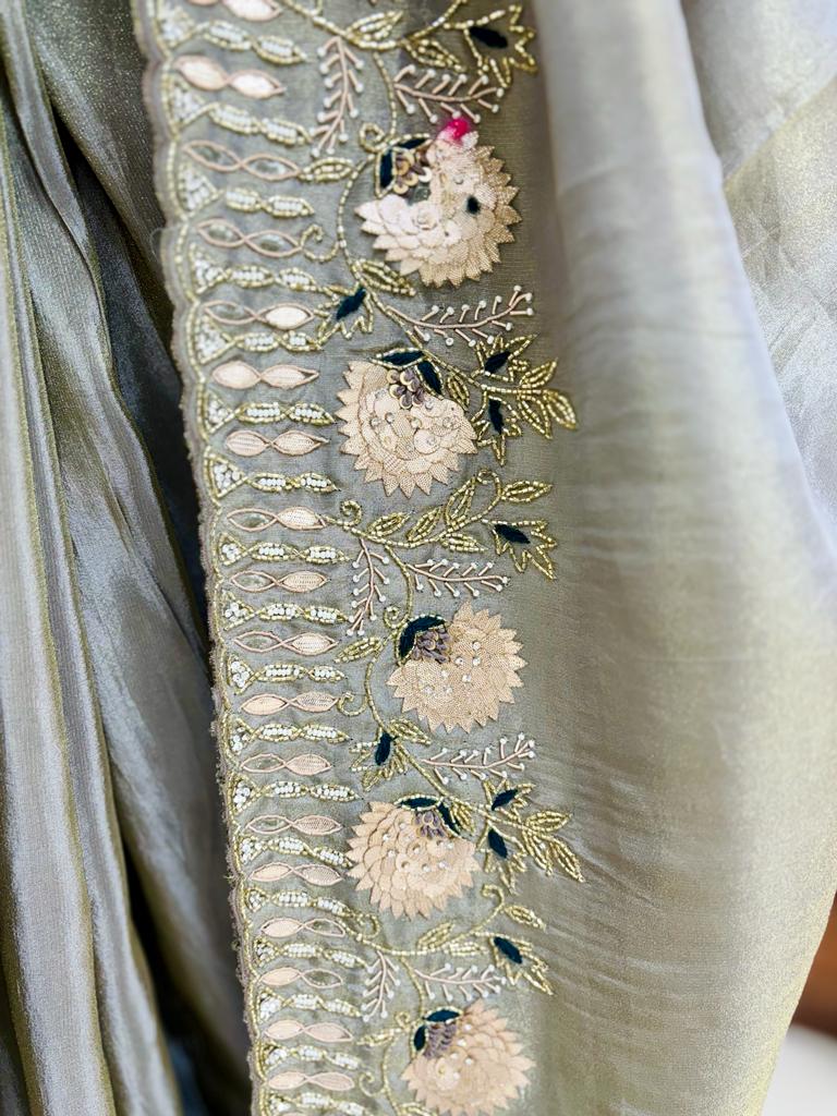 Grey Satin Silk Hand Work Saree