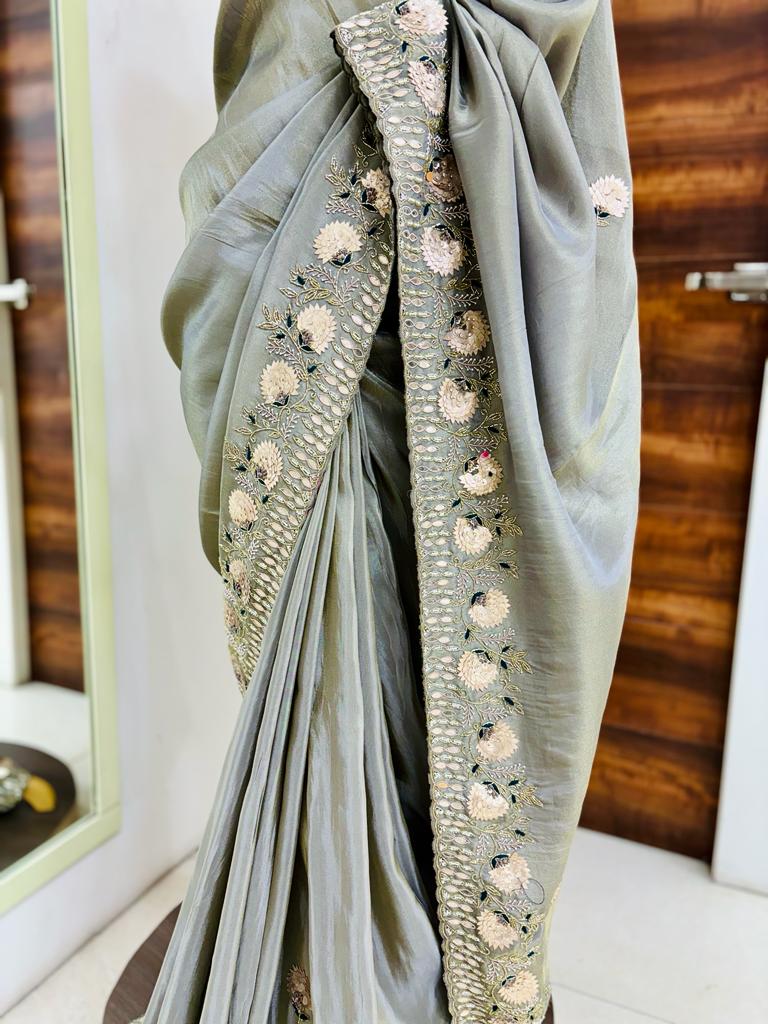 Grey Satin Silk Hand Work Saree