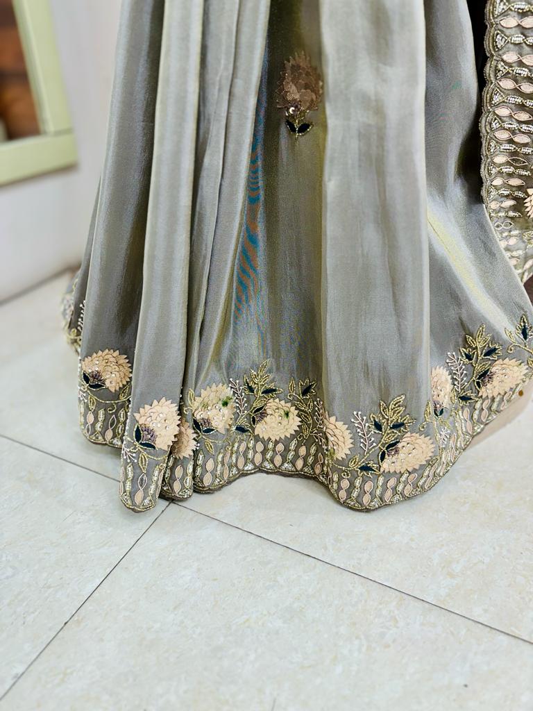 Grey Satin Silk Hand Work Saree