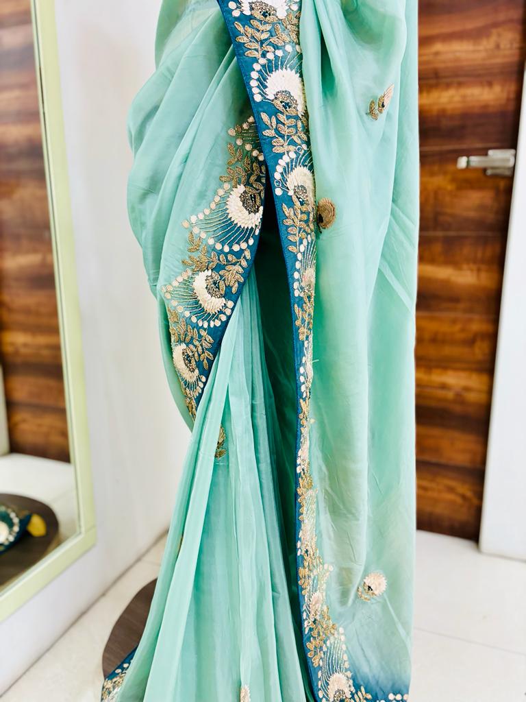 Shaded Green Satin Silk Hand Work Saree