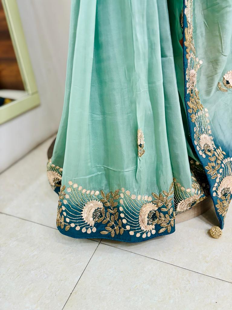 Shaded Green Satin Silk Hand Work Saree