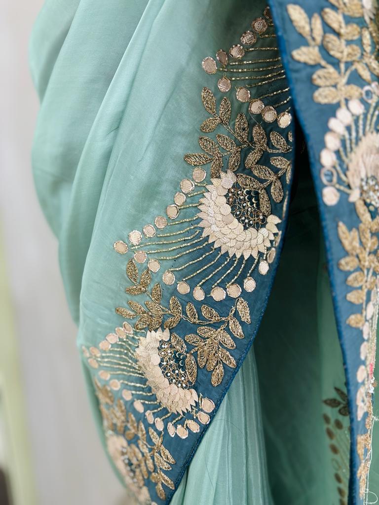 Shaded Green Satin Silk Hand Work Saree