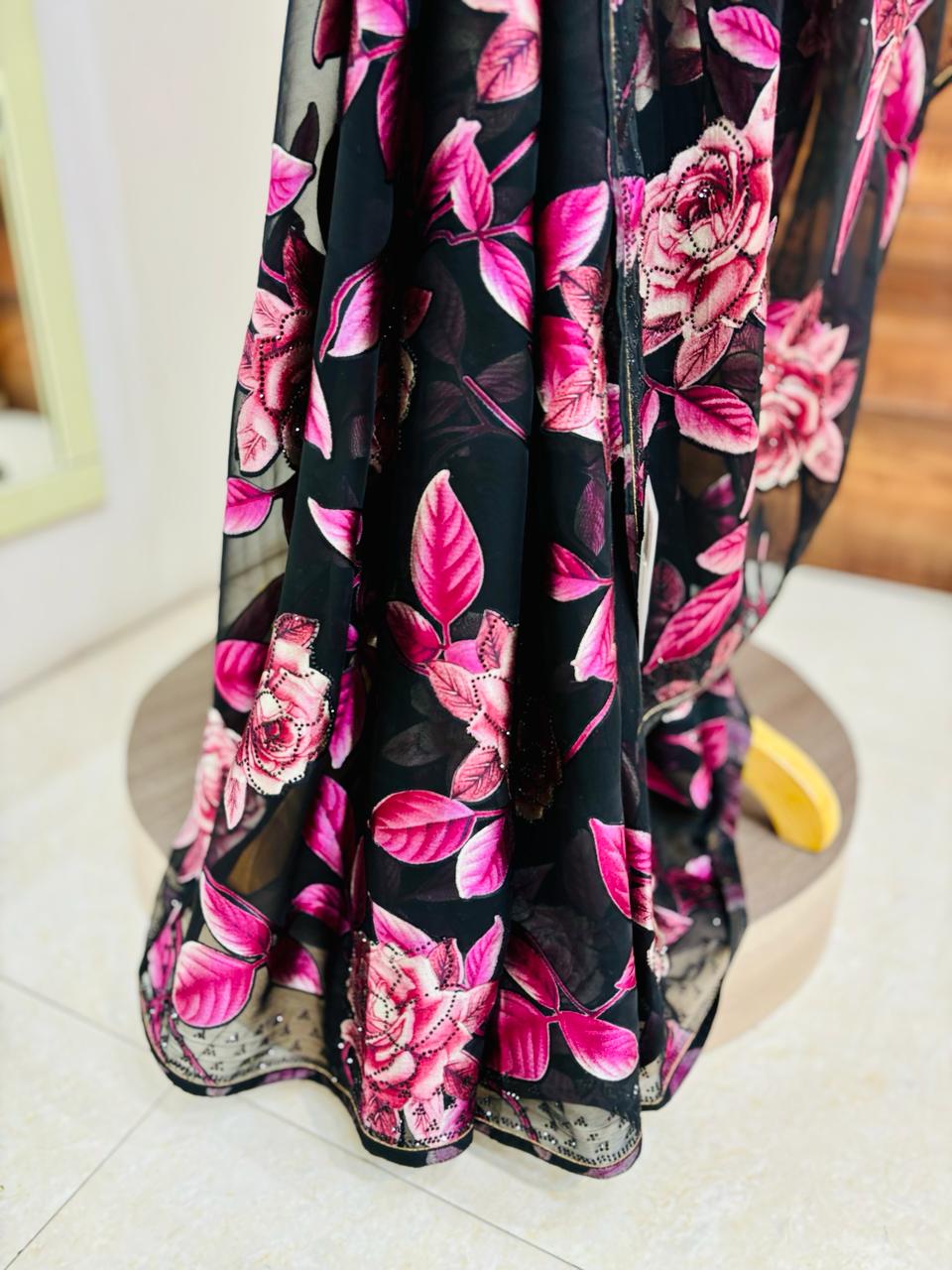 Black Floral Print Satin Organza Saree