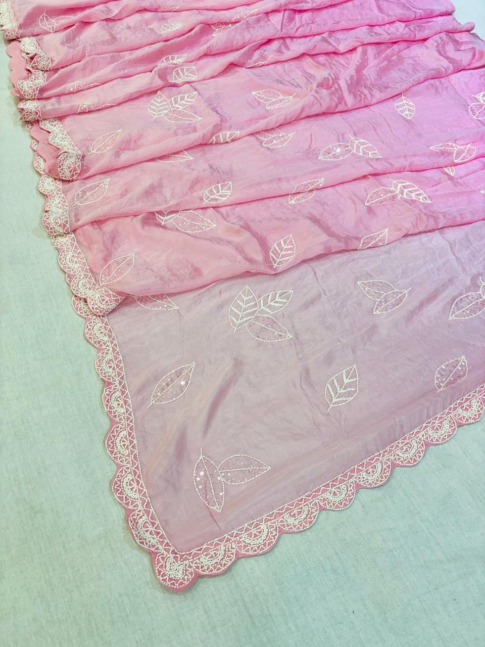 Baby Pink Tissue Silk Pearl Work Saree