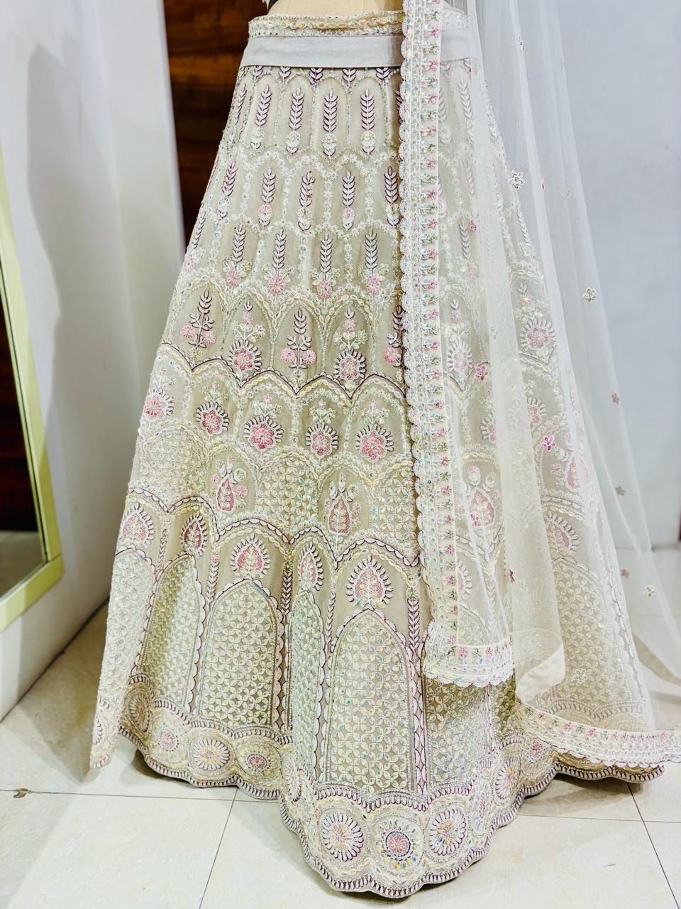 Cream Net Heavy Work Designer Lehenga