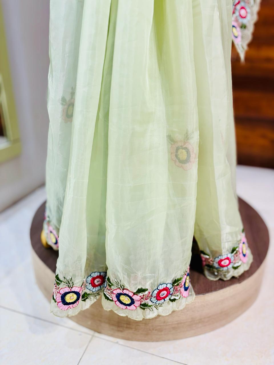 Light Green Organza Designer Saree With Readymade Blouse