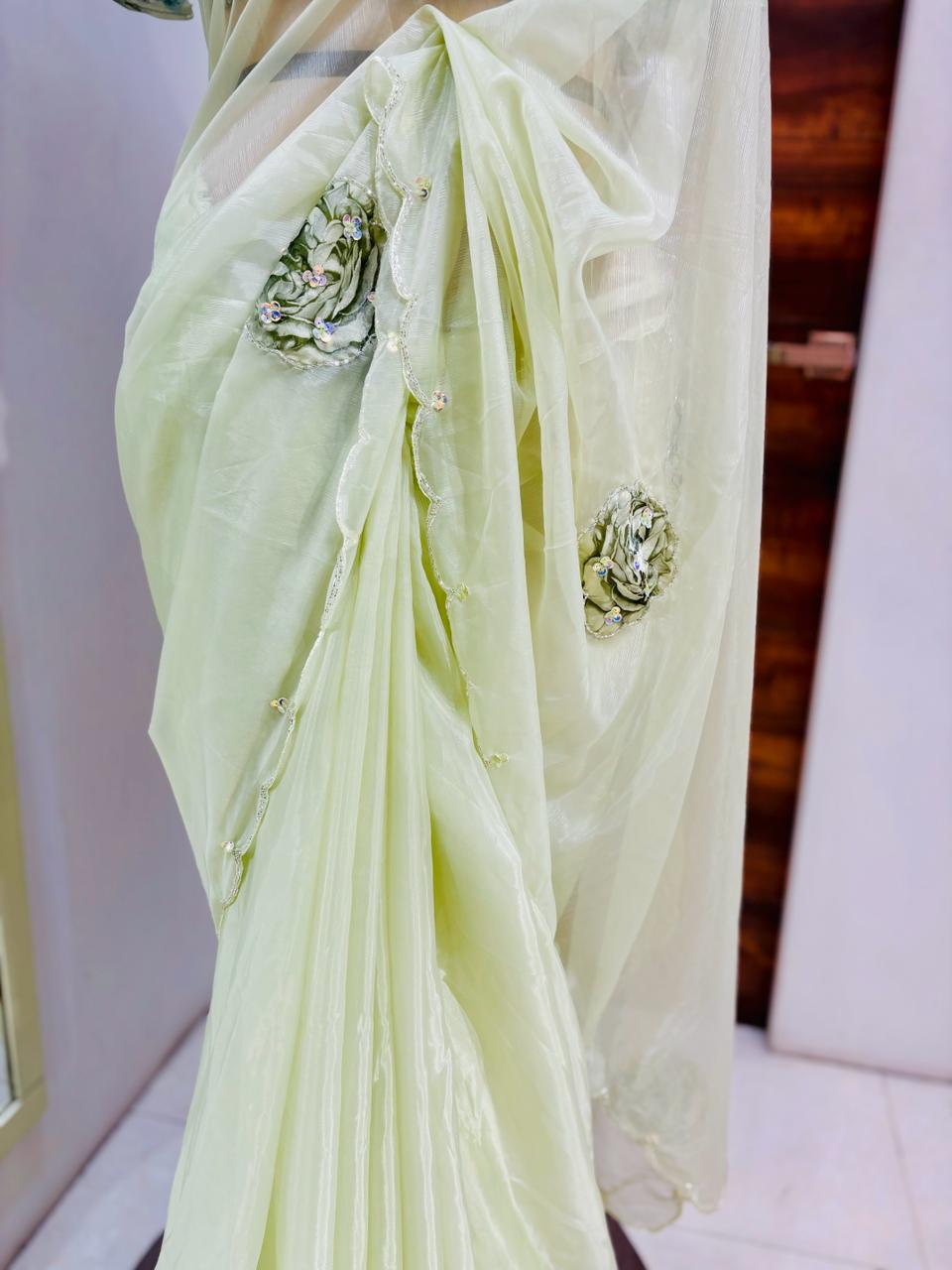 Light Green Organza Saree With Readymade Blouse