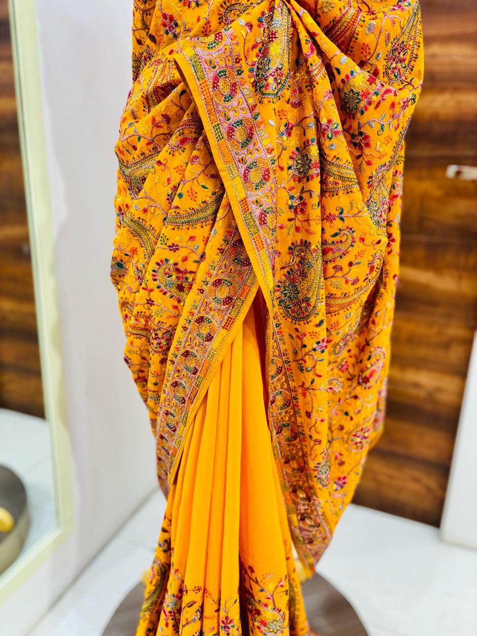 Mustard Kashmiri Woven Silk Saree