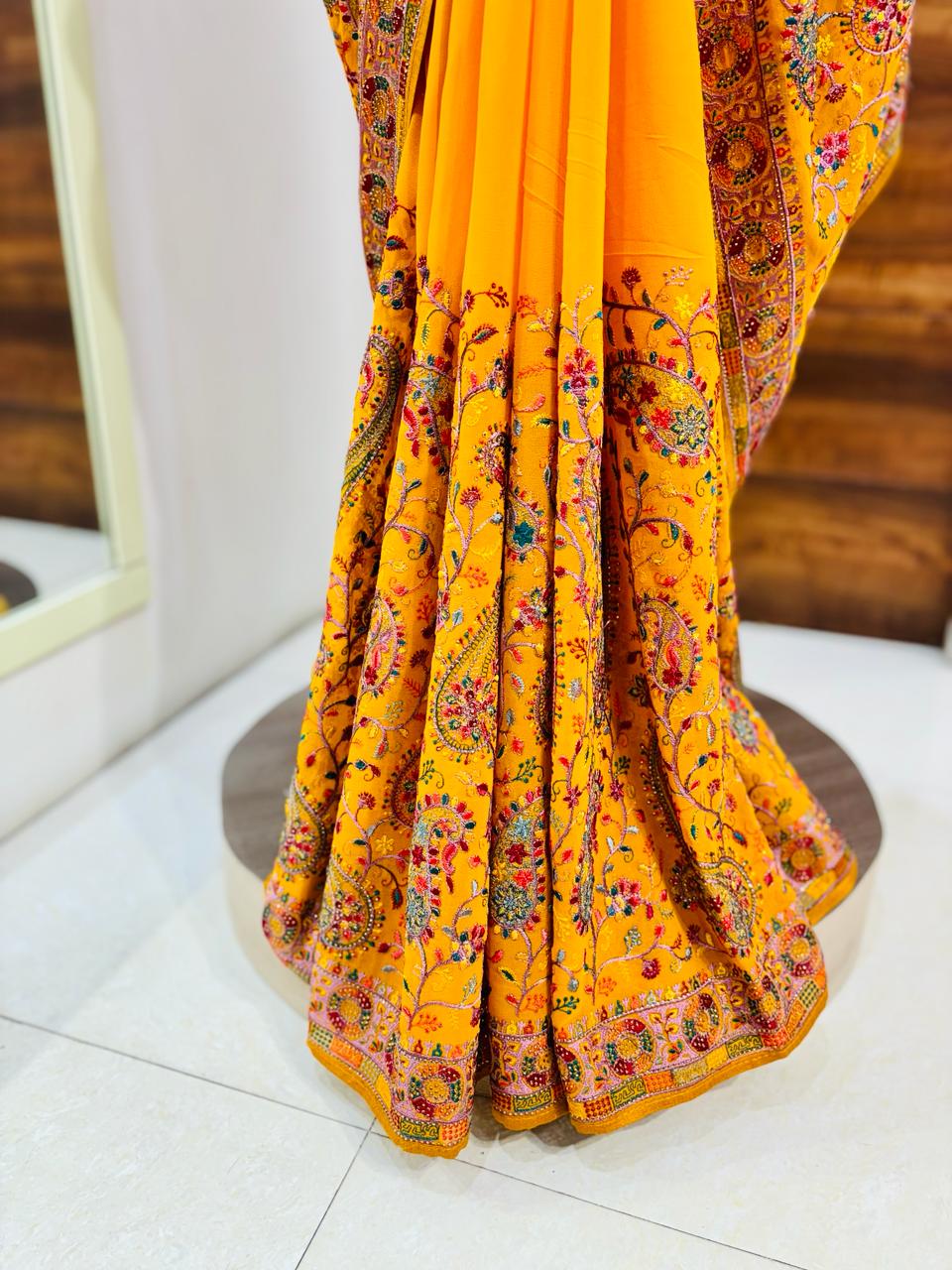 Mustard Kashmiri Woven Silk Saree