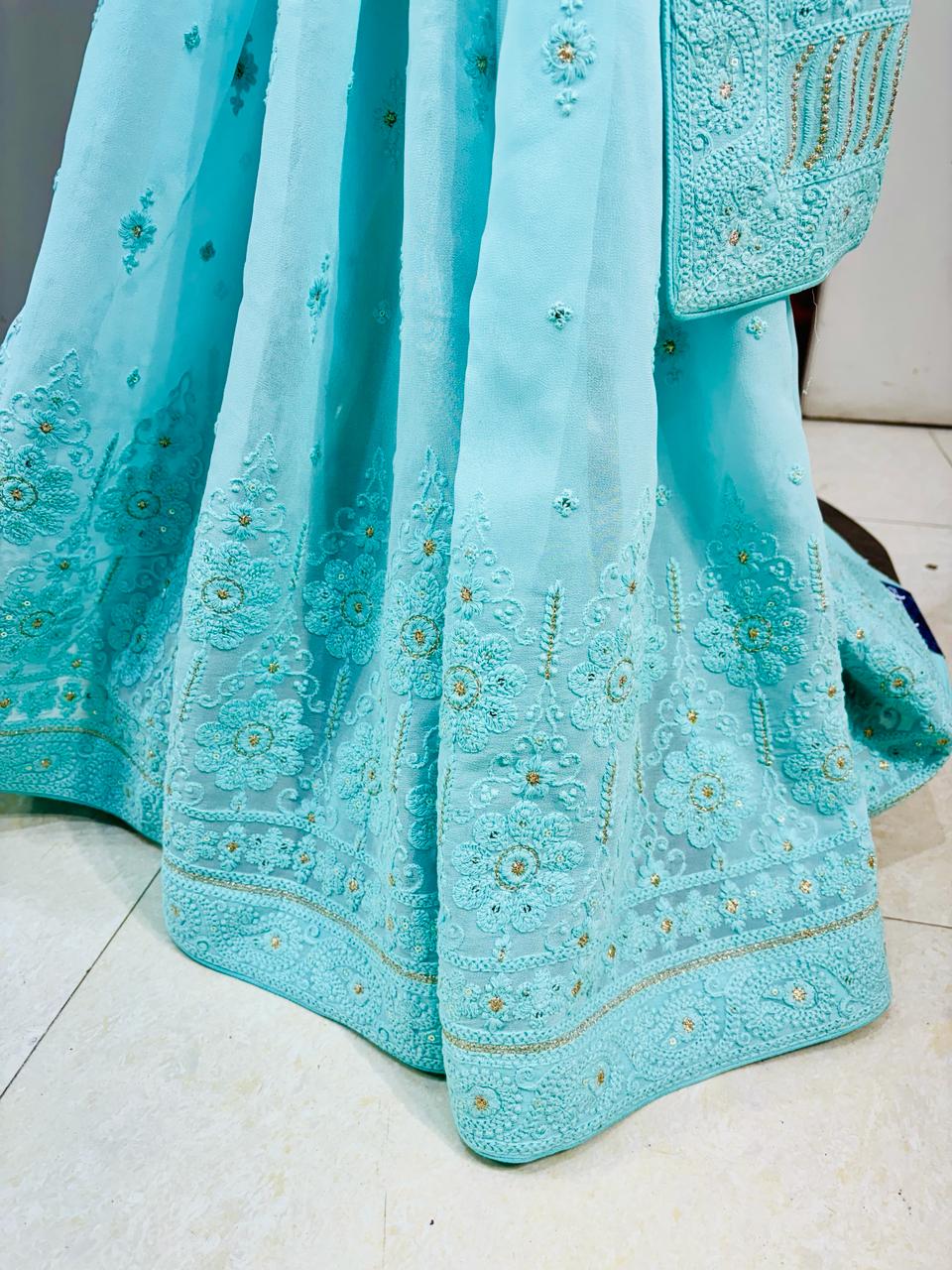 Light Blue Chikankari Designer Saree