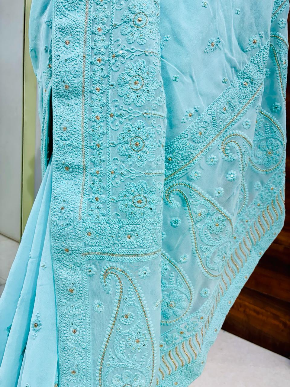 Light Blue Chikankari Designer Saree