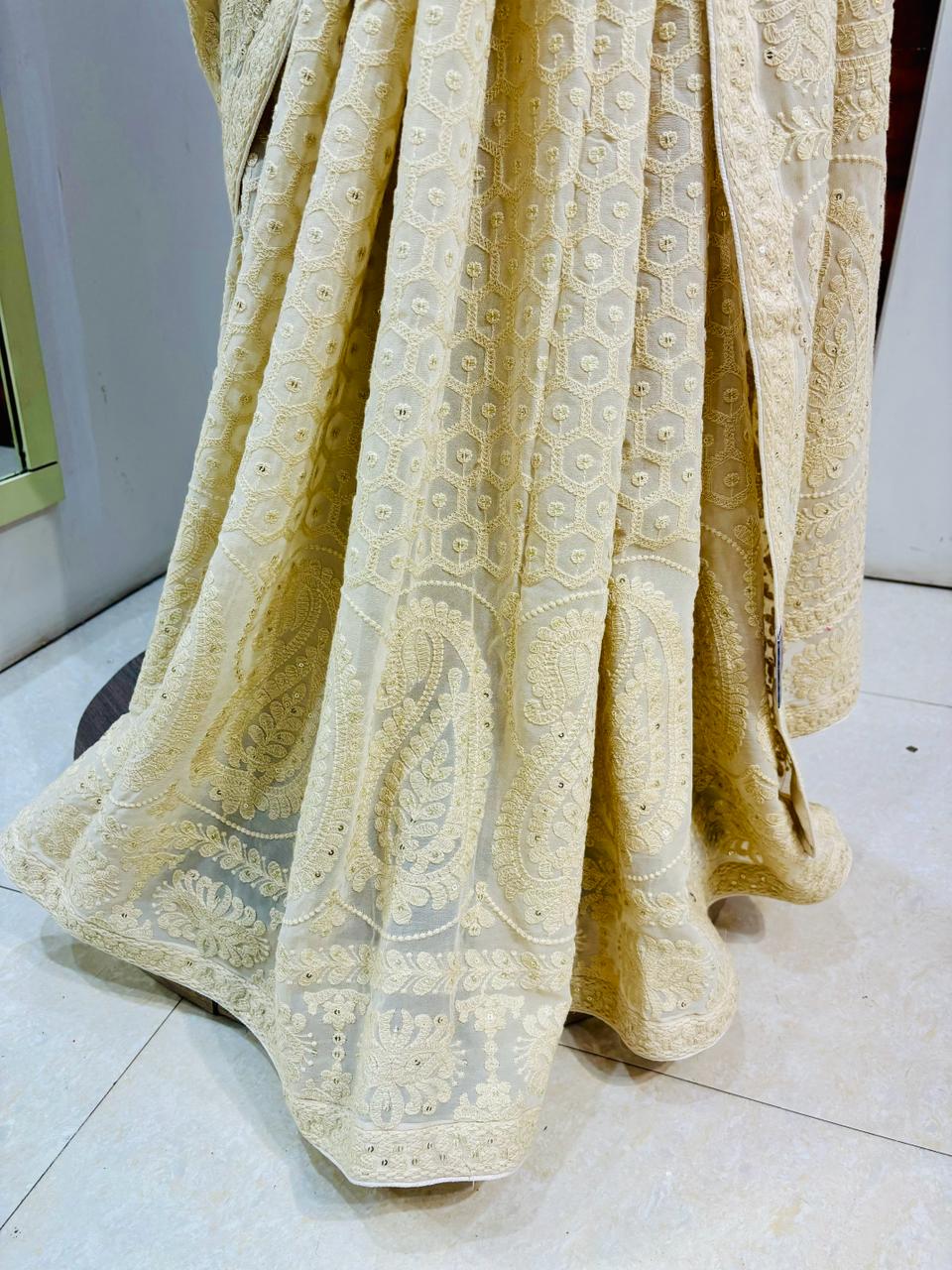 Beige Chikankari Designer Saree