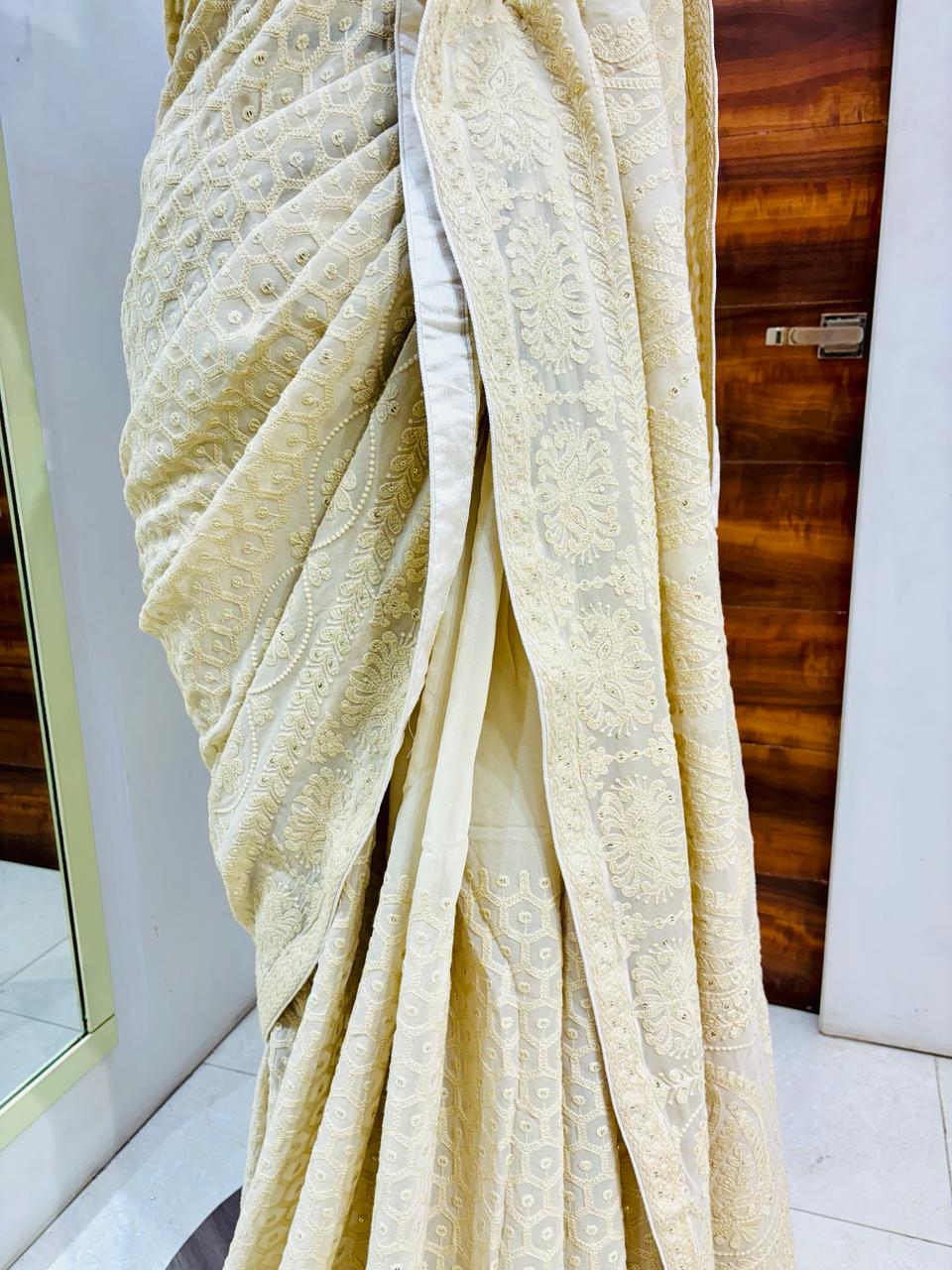 Beige Chikankari Designer Saree