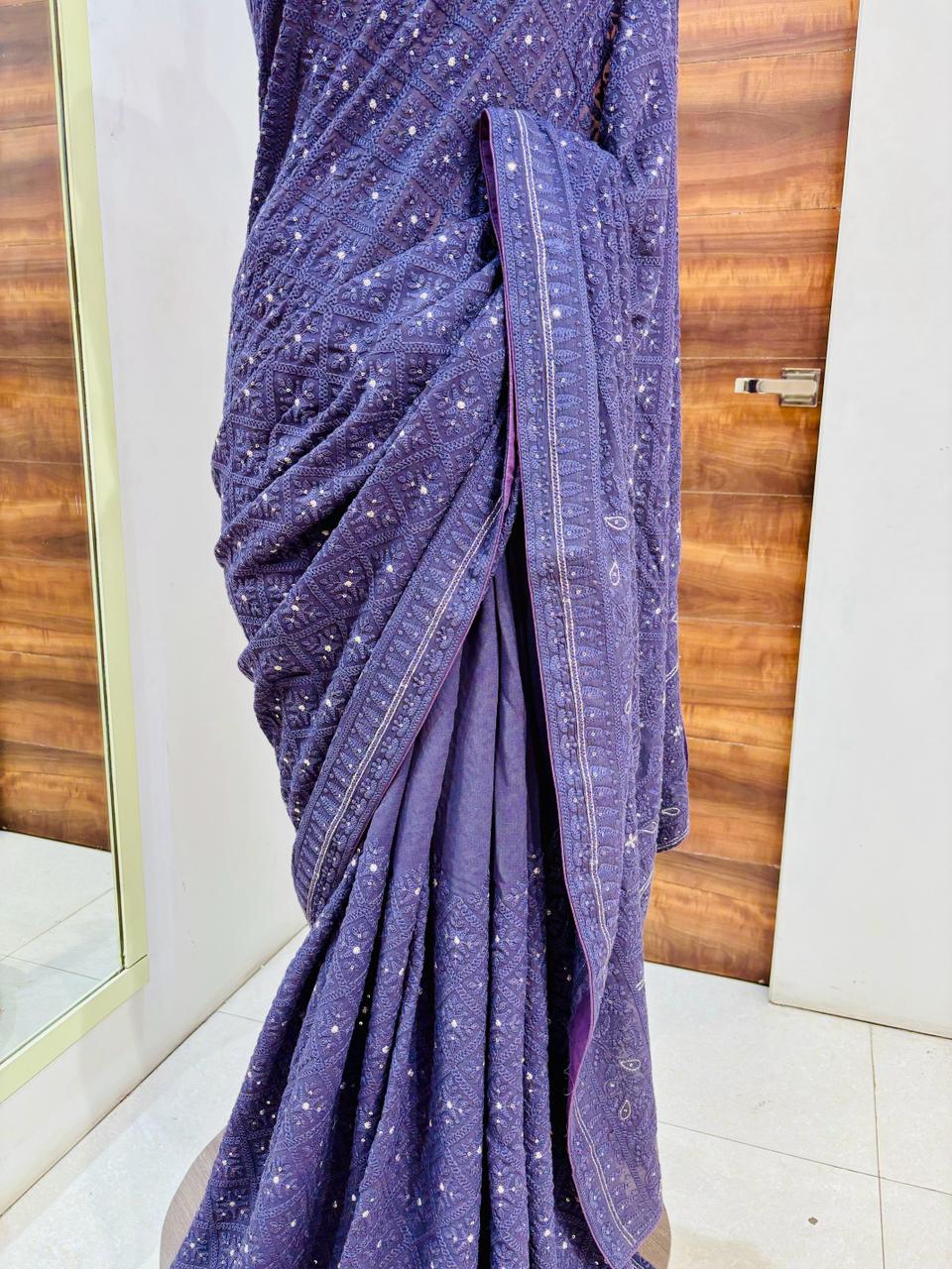 Purple Chikankari Designer Saree