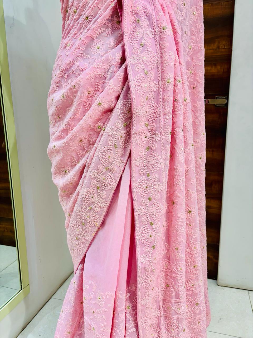 Light Pink Chikankari Designer Saree