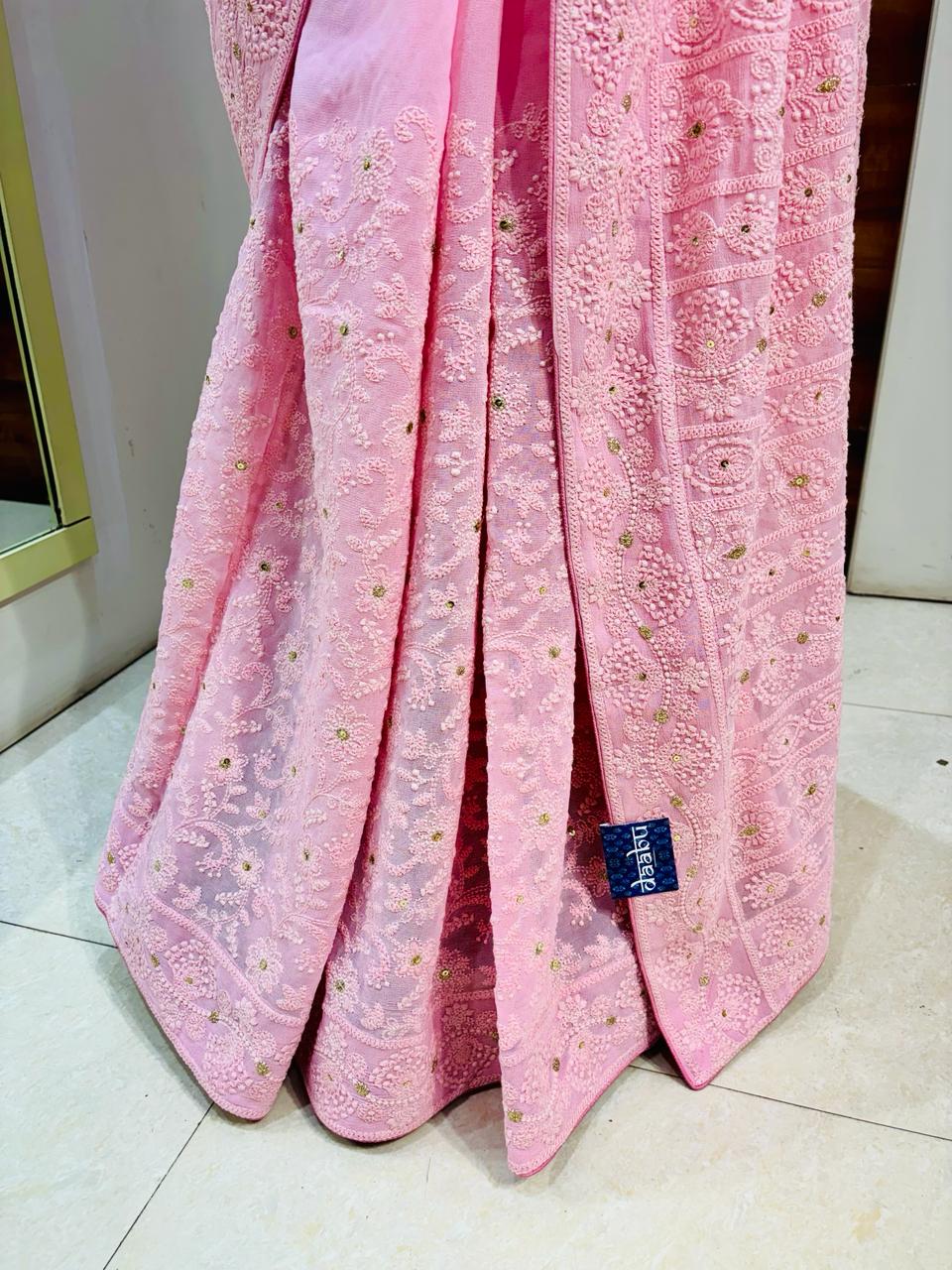 Light Pink Chikankari Designer Saree