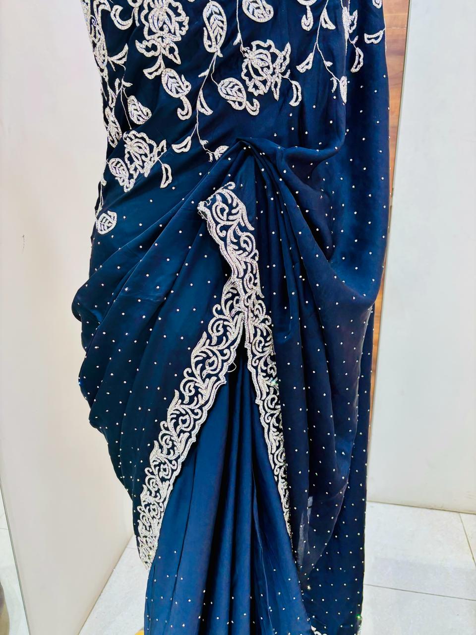 Navy Blue Pure Silk Hand Work Saree