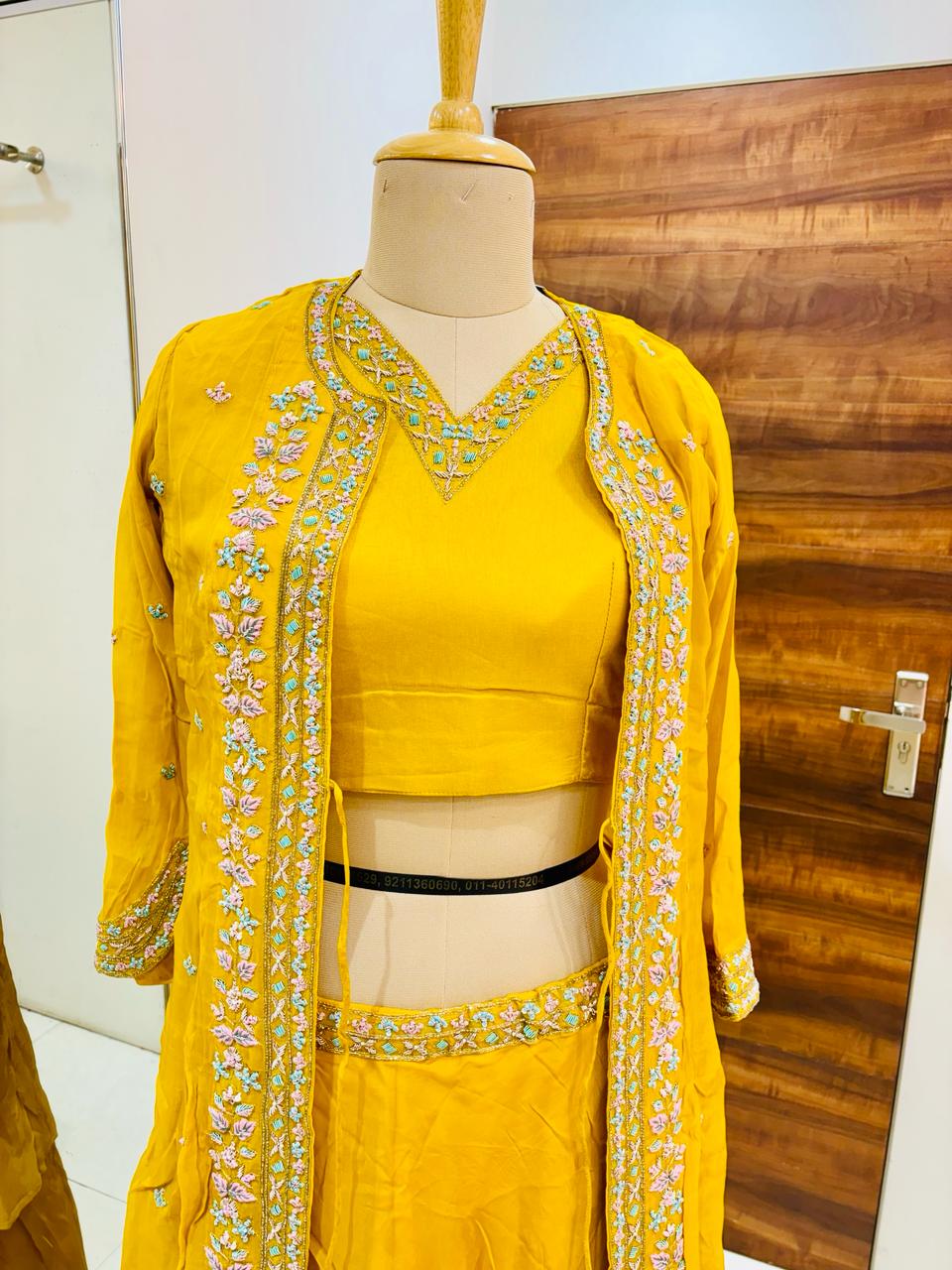 Yellow Chinnon Georgette Shrug Set With Skirt