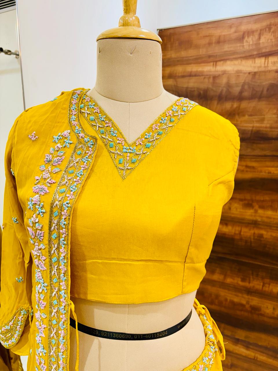 Yellow Chinnon Georgette Shrug Set With Skirt