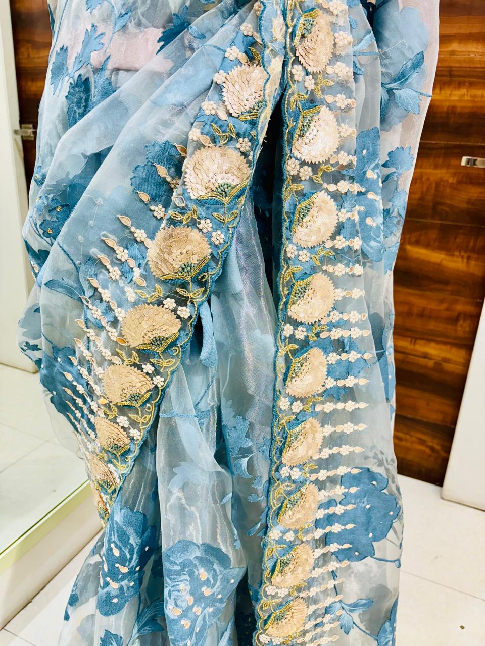 Blue Glass Organza Designer Saree