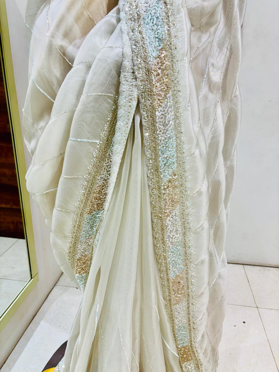 Off White Saree With Designer Readymade Blouse