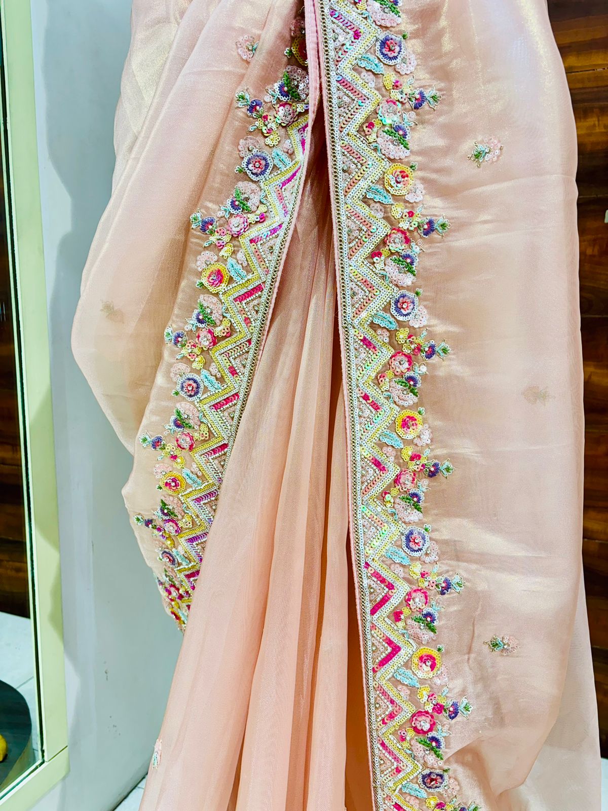 Light Peach Glass Tissue Designer Saree