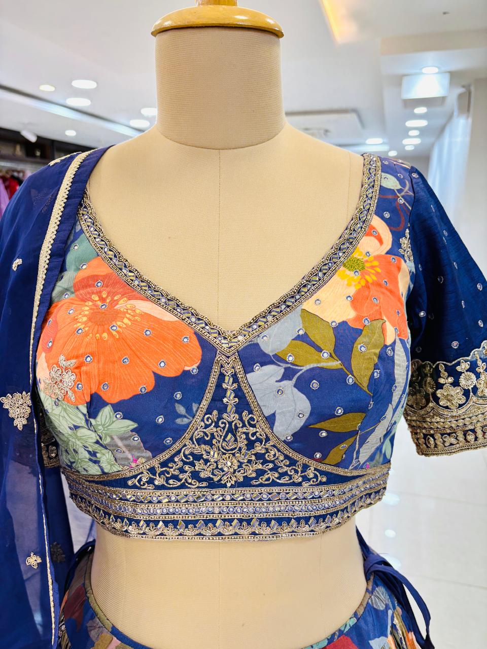 Blue Floral Printed Designer Lehenga