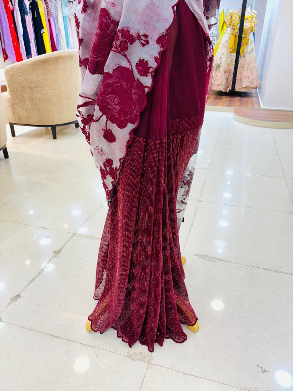 Red Brasso Tissue Organza With Sequince Pleats Saree