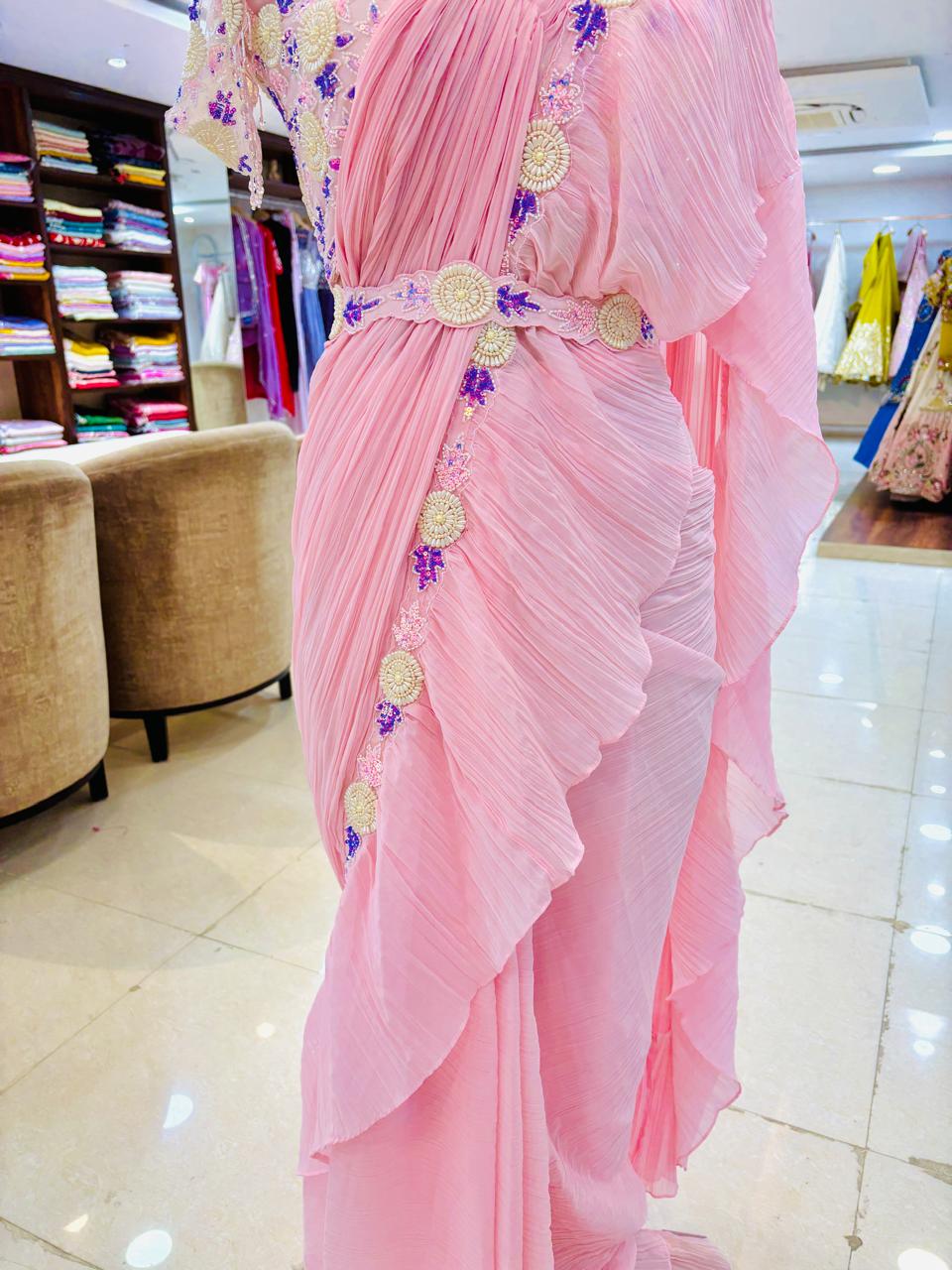 Baby Pink Ready Pleated Frill Saree With Heavy Bead Work Blouse