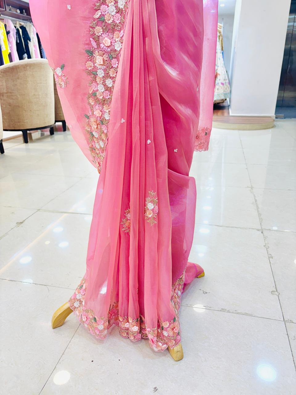 Light Pink Tissue Organza Designer Saree