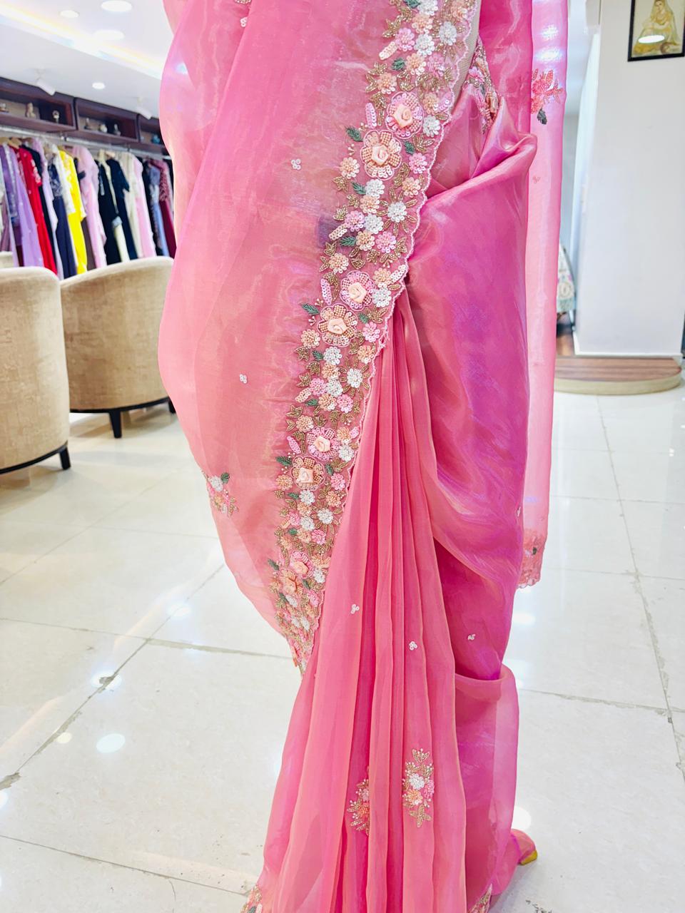 Light Pink Tissue Organza Designer Saree