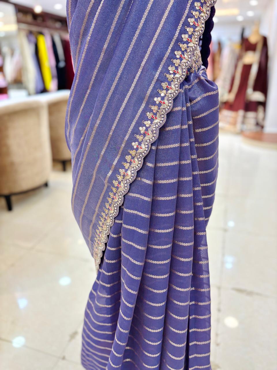 Grey Chinnon Silk Zari Weaving Saree