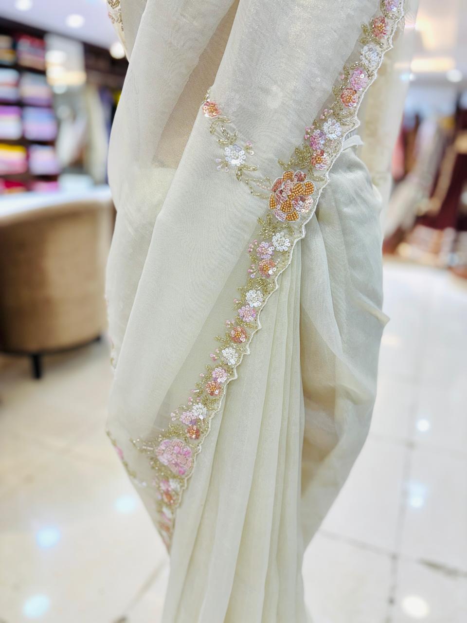 White Tissue Organza Handwork Designer Saree