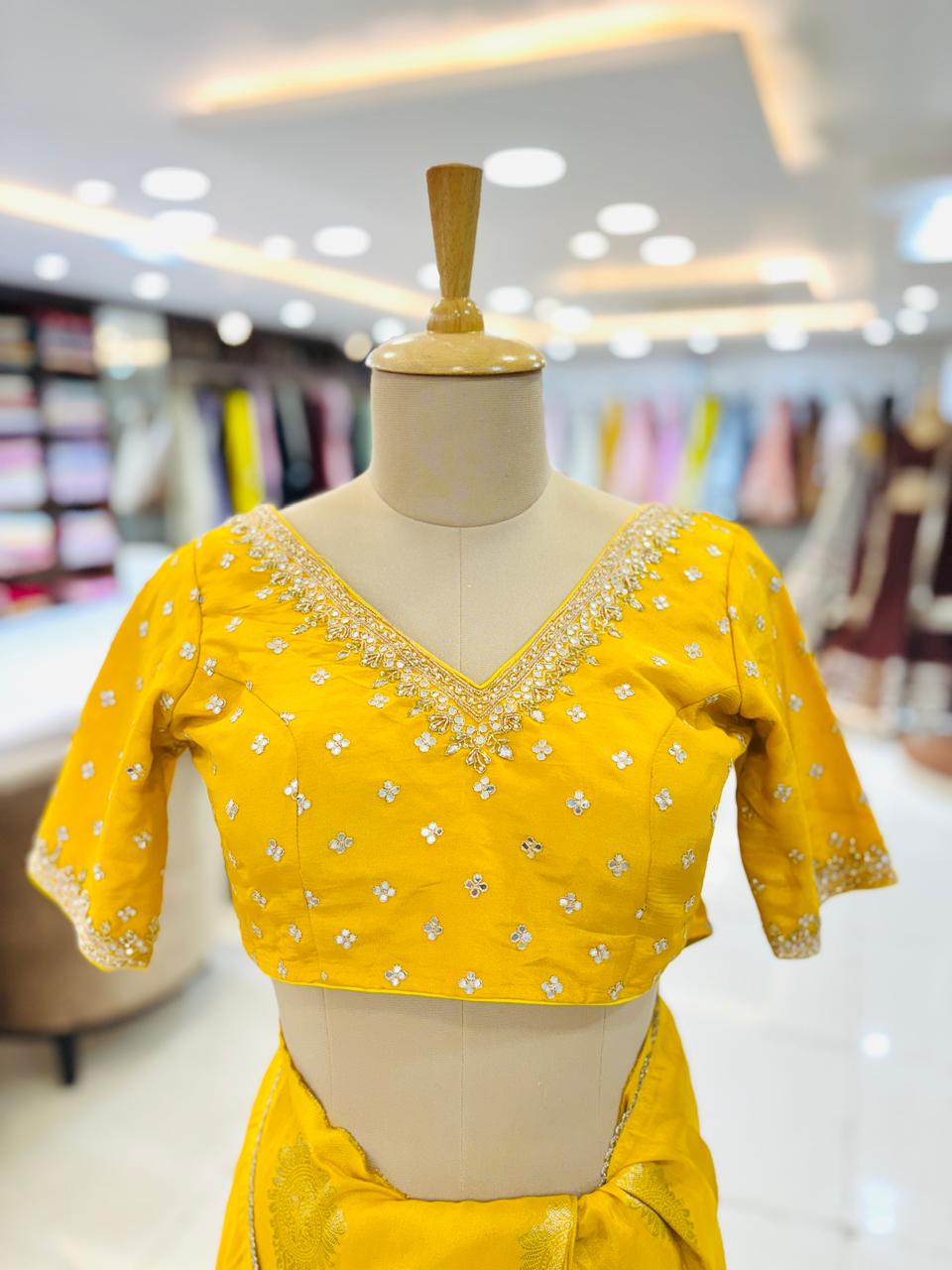 Yellow Banarasi Silk Saree With Readymade Blouse