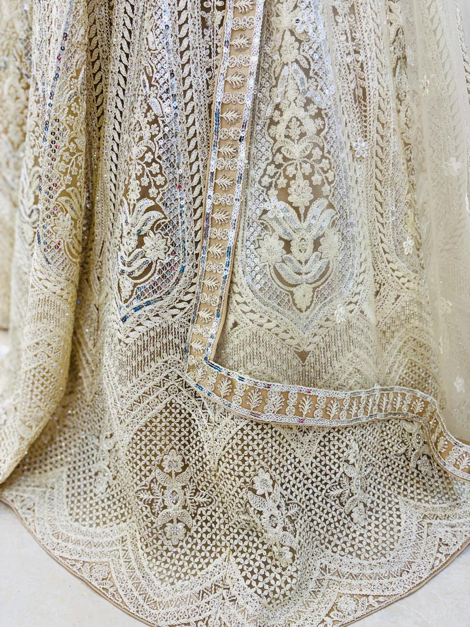 Beige Net Embroidered Lehenga With Resham Work and Readymade Blouse