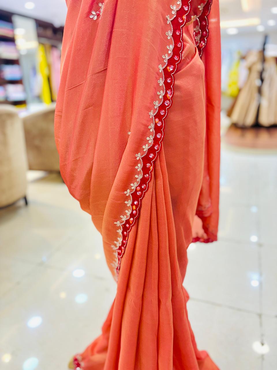 Brownish Gold Silk Saree With Gotta Embroidery