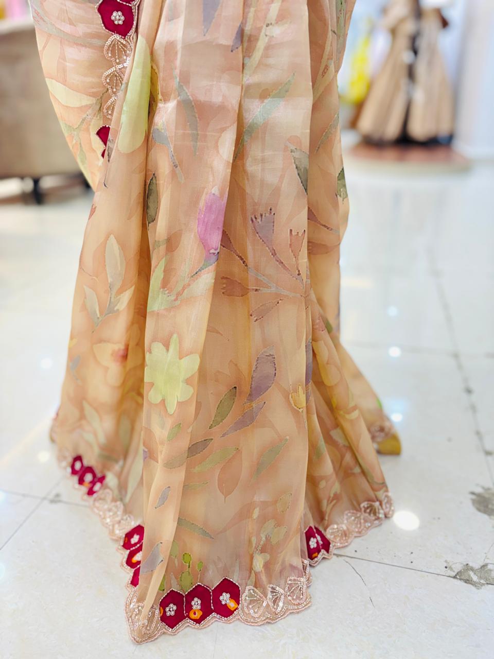 Beige Floral Print Tissue Organza Designer Saree