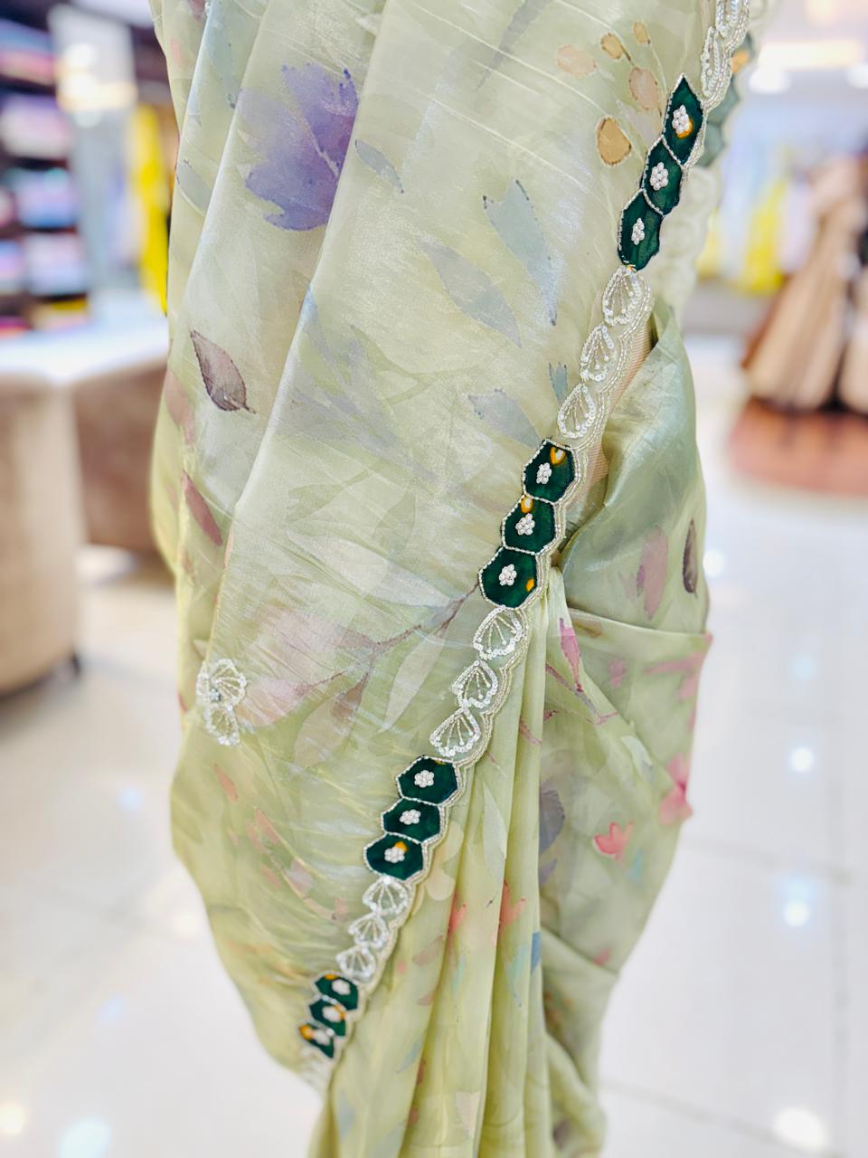 Light Green Floral Print Tissue Organza Designer Saree