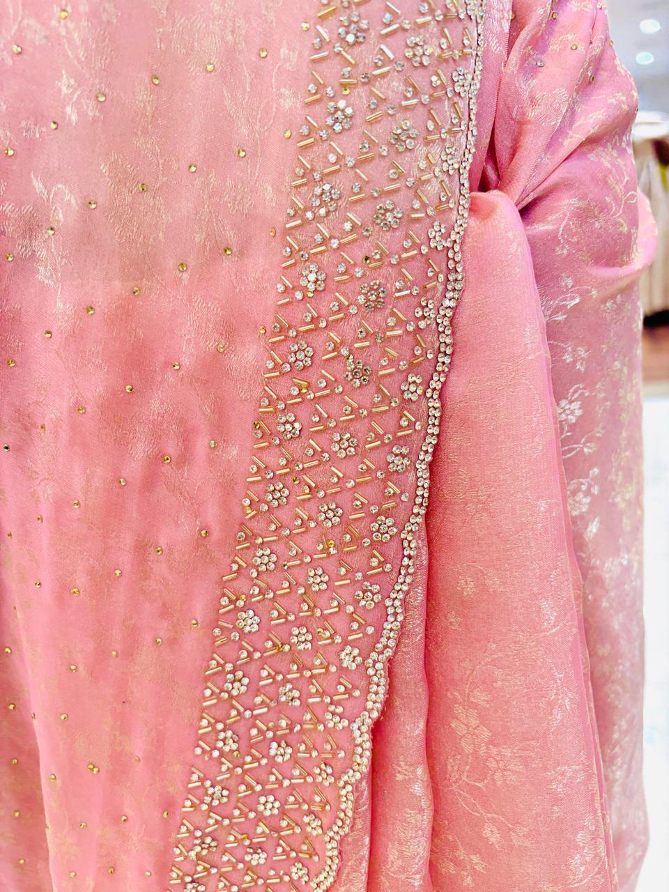 Light Peach Swarovski Tissue Silk Designer Saree