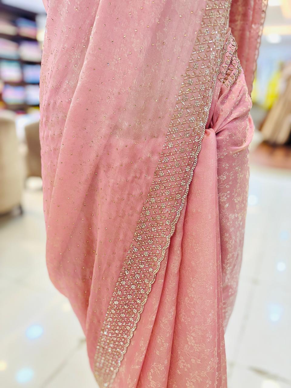 Light Peach Swarovski Tissue Silk Designer Saree